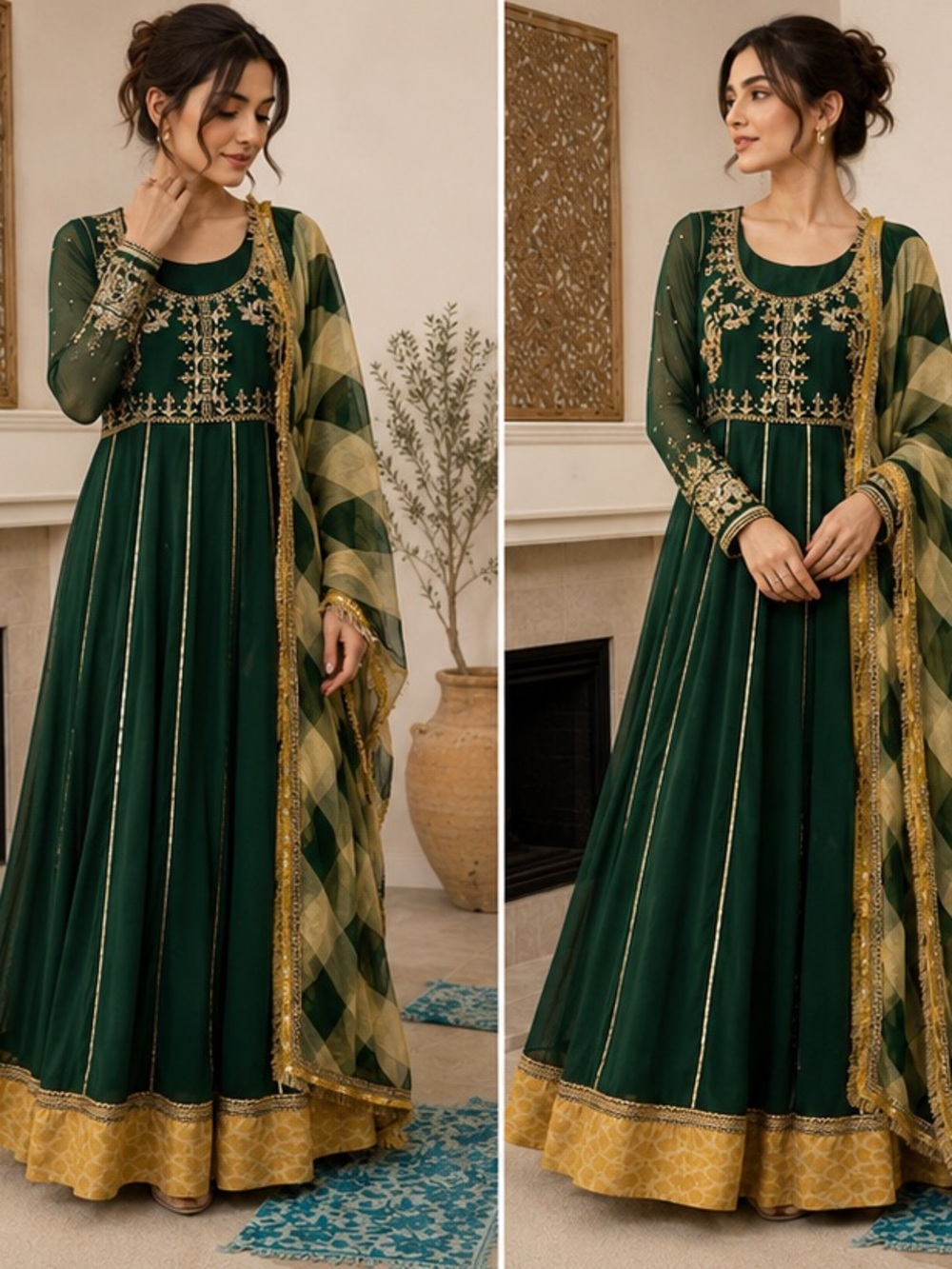 Emerald Green Pakistani Anarkali Formal Dress 3PC Gold Embroidery